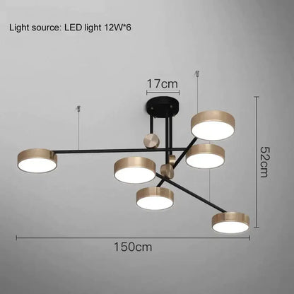 Modern black and brass-toned pendant light with six circular fixtures for dining room decorbites elegant golden pendant