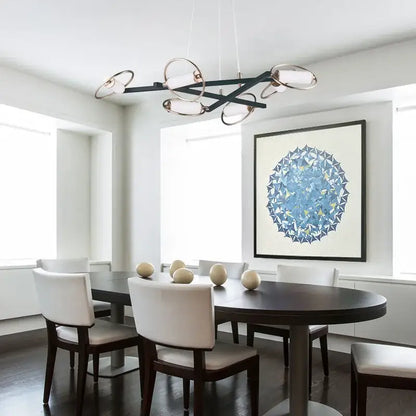 Modern black and brass circular ring LED chandelier with frosted glass shades for dining room decorbites circular ring