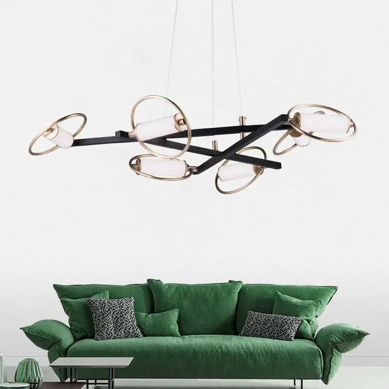 Modern black and brass geometric circular ring led chandelier with frosted glass shades for dining room decorbites circular ring
