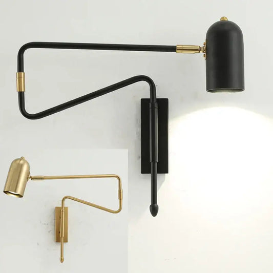 Modern black and brass decorbites adjustable long-arm wall lamp with sleek curved arm design for bedroom lighting