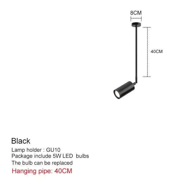 Modern black and brass pendant light with adjustable matte spotlight, 40cm pipe, and gu10 led bulb holder