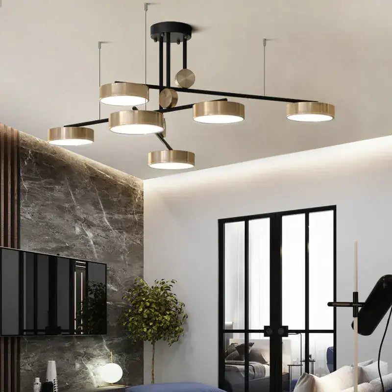 Modern black and brass geometric led chandelier with circular light fixtures for dining room decorbites geometric led design