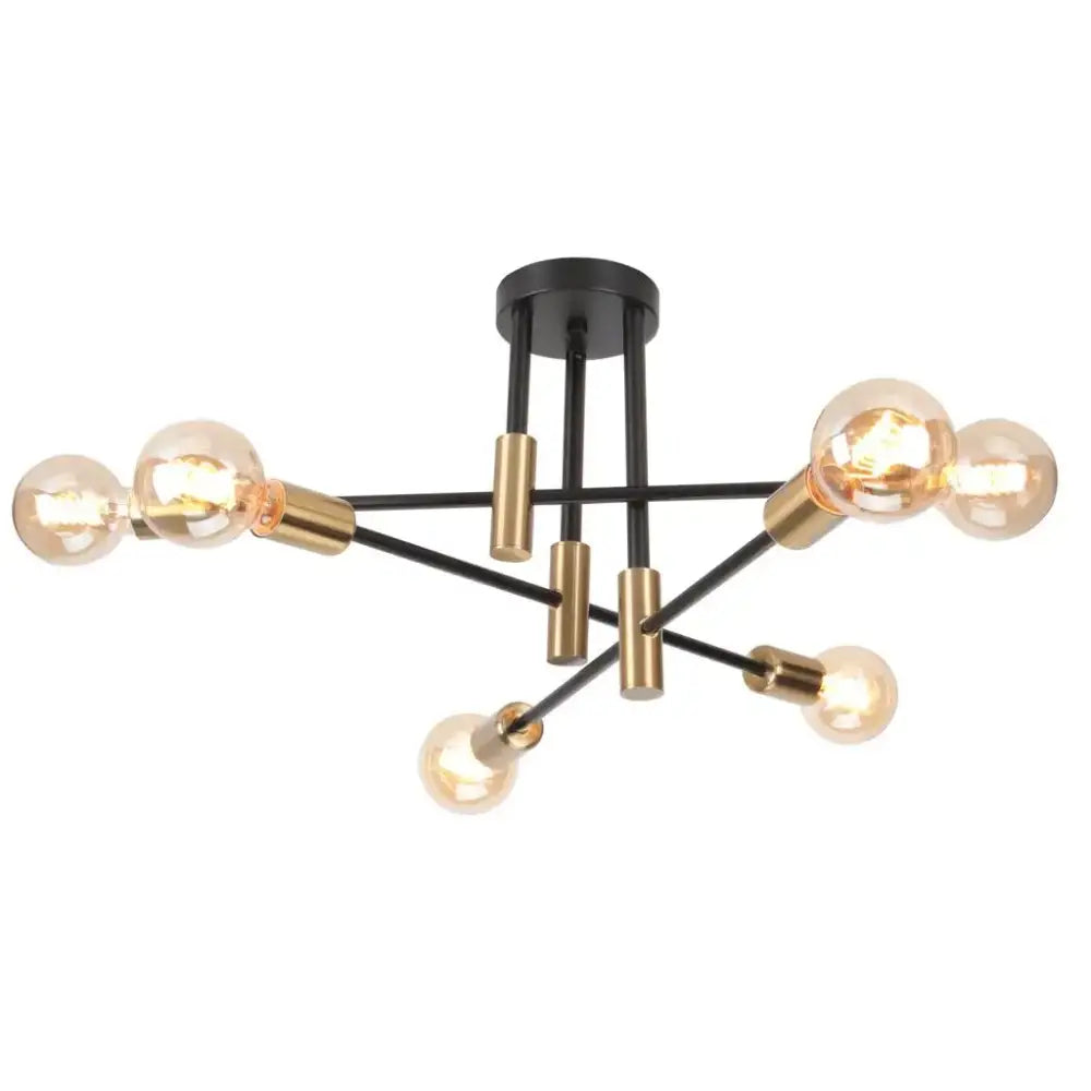 Modern black and brass industrial chandelier with six exposed filament bulbs for living room decor by decorbites industrial chandelier