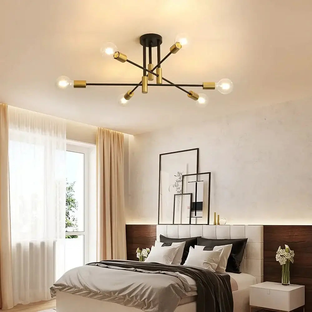 Modern black and brass industrial sputnik chandelier ceiling light with exposed bulbs for stylish kitchen decorbites lighting