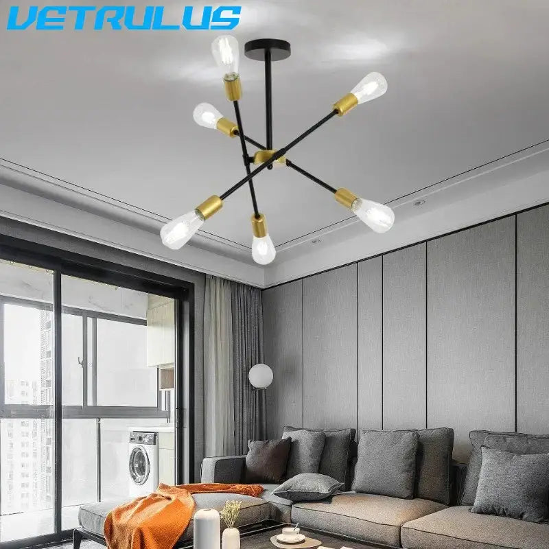 Modern black and brass iron sputnik chandelier with six exposed bulbs for dining room decorbites iron sputnik design