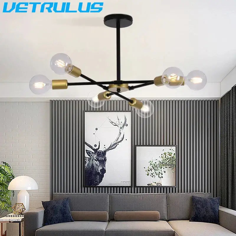 Modern black and brass iron sputnik chandelier with exposed bulb sockets for dining room decorbites iron sputnik light