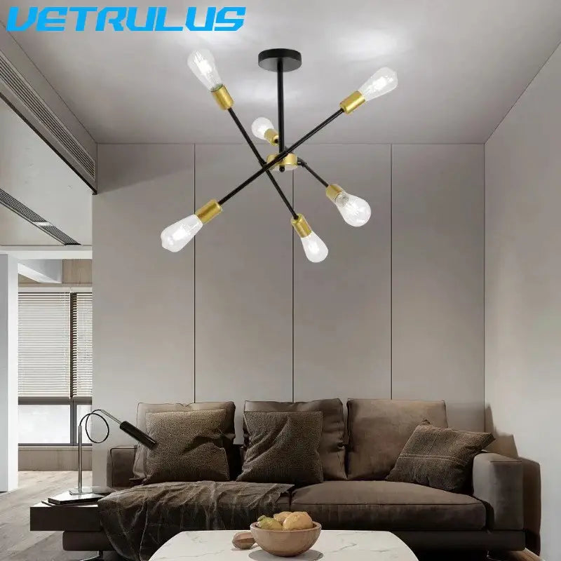 Modern black and brass iron sputnik chandelier with six exposed bulbs for dining room decorbites iron sputnik light