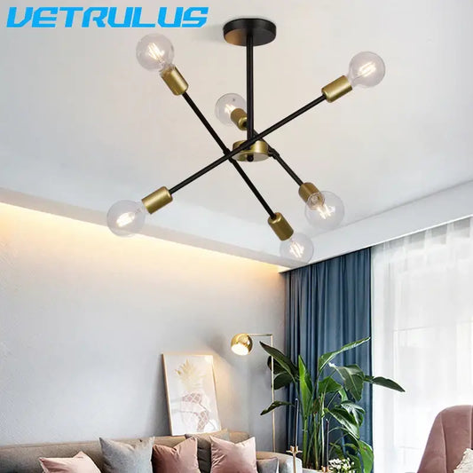 Modern black and brass iron sputnik chandelier with six exposed bulb arms for dining room decorbites iron sputnik light
