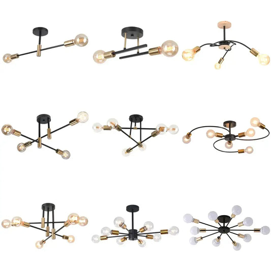 Modern black and brass iron wrought ceiling light fixture with exposed bulbs for dining room decorbites style