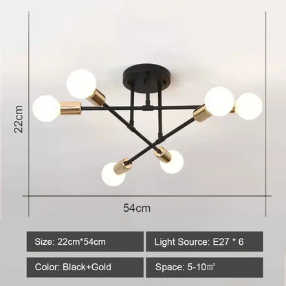 Modern black and brass iron wrought ceiling light fixture with six spherical bulbs for dining room decorbites ceiling light