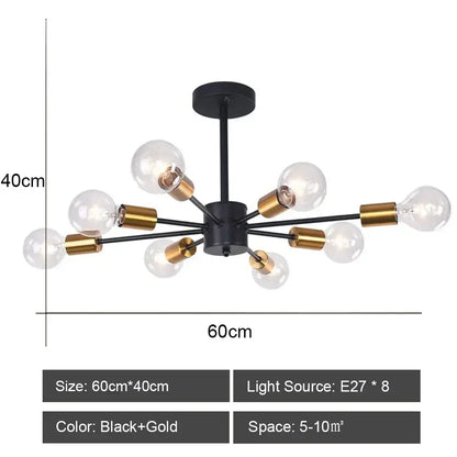 Modern black and brass iron wrought ceiling light fixture with eight exposed bulbs for dining room decorbites design
