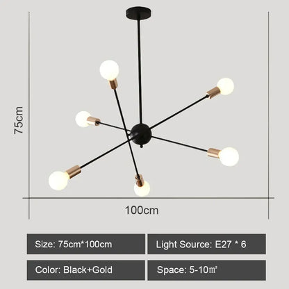 Modern black and brass decorbites iron wrought ceiling light fixture with six exposed bulbs for dining room decor