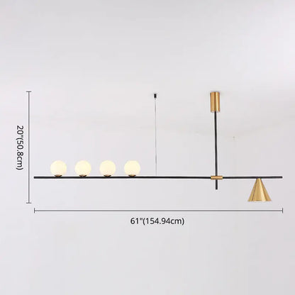 Modern black and brass linear chandelier featuring spherical white glass globes and a minimalist metal frame