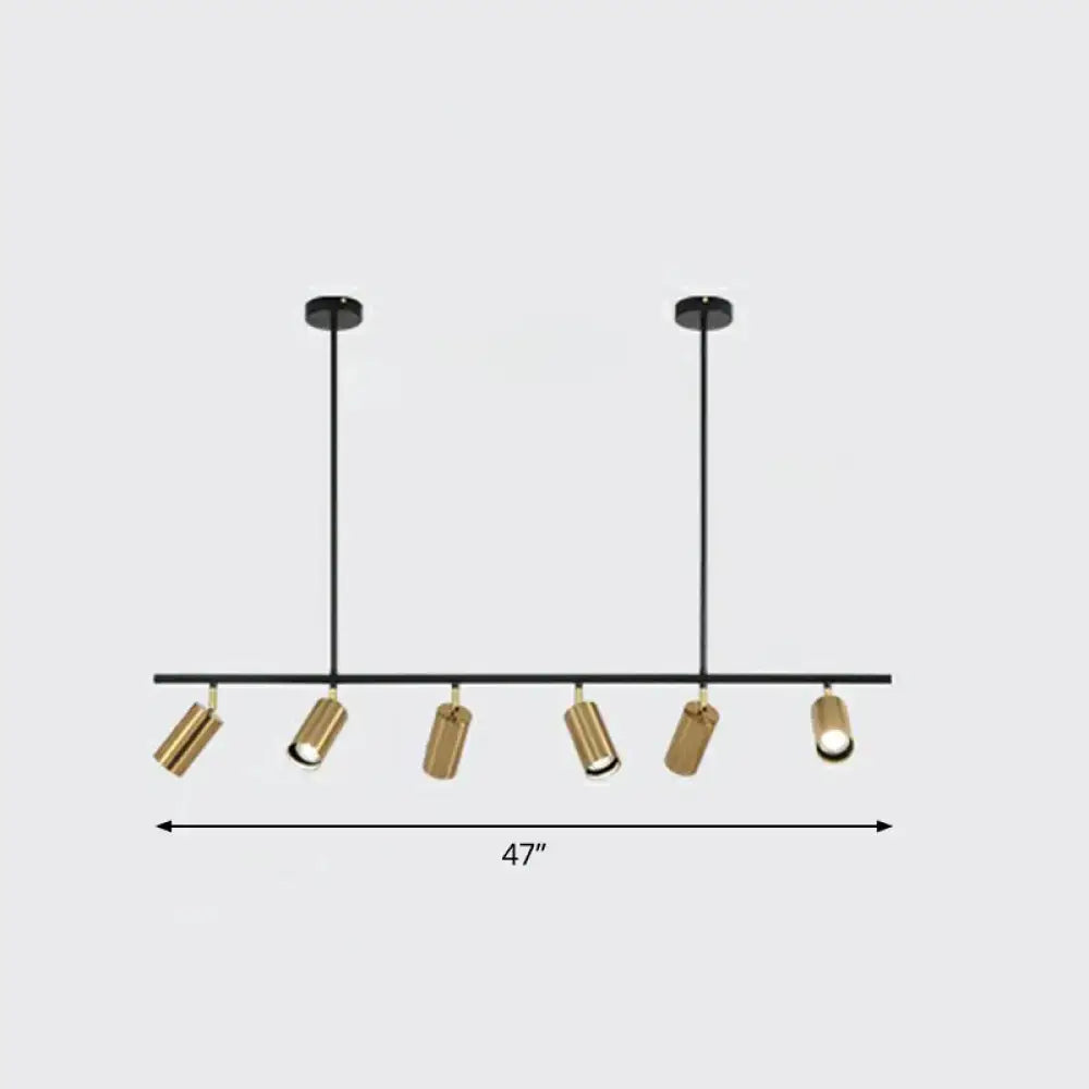 Modern black and gold metal island ceiling light with six adjustable spotlights for dining room illumination