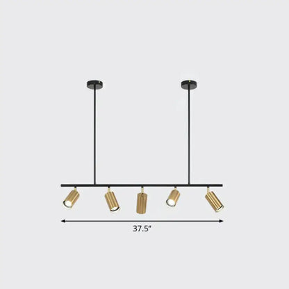Modern black and gold metal island ceiling light with five adjustable spotlights for dining room illumination