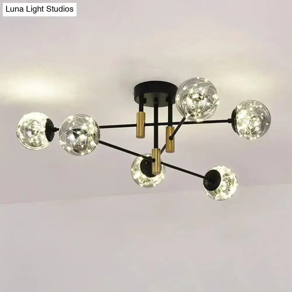 DecorBites™ starry nordic ball semi flush light fixture with six smoke glass spheres and black metal arms for living room ceiling