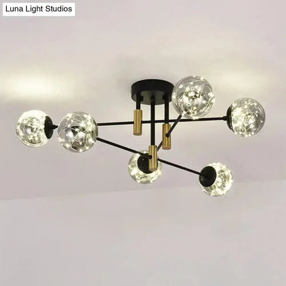DecorBites™ starry nordic ball semi flush light fixture with six smoke glass spheres and black metal arms for living room ceiling