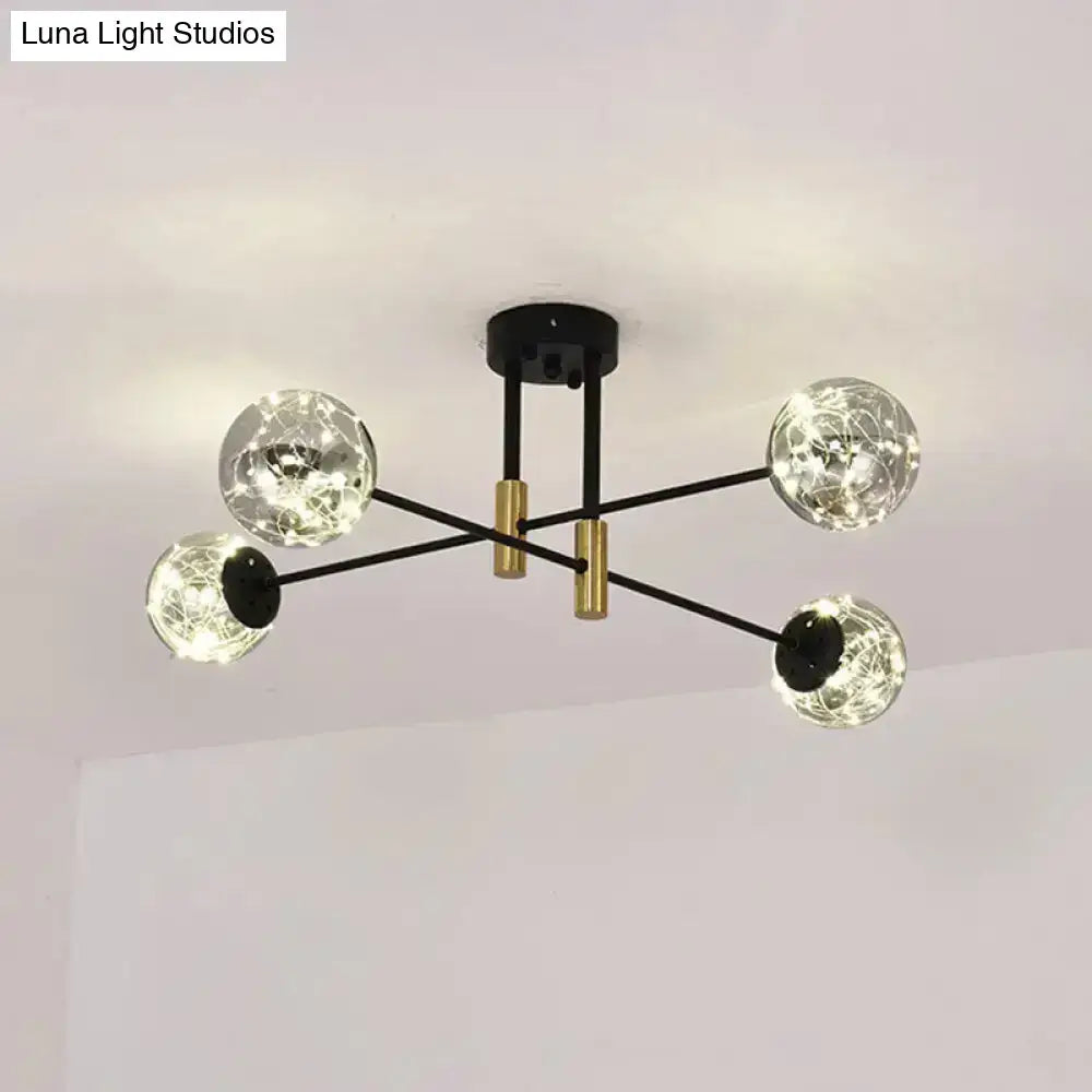 Modern black and brass nordic ball semi flush light fixture with clear glass globes and internal led fairy lights for living room ceiling