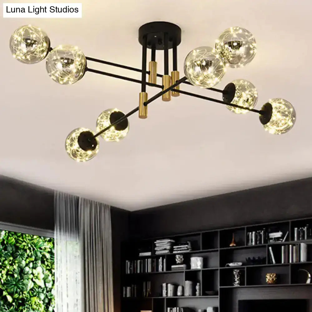 Modern black and gold DecorBites™ starry Nordic ball semi flush light fixture with spherical smoke glass globes for living rooms