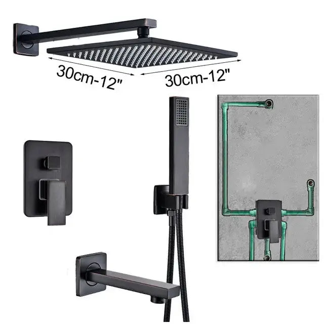 Black brass shower faucet with modern matte black square rain shower head and integrated wall mount by decorbites
