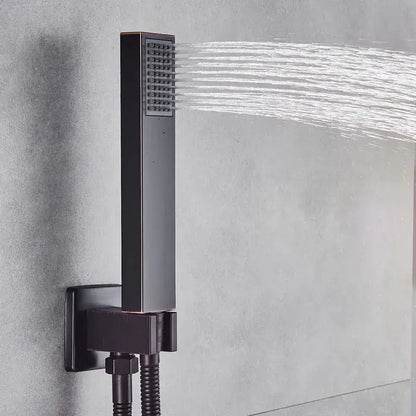 Modern black brass shower faucet with matte black rectangular rainfall showerhead featuring multiple jets for bathroom use