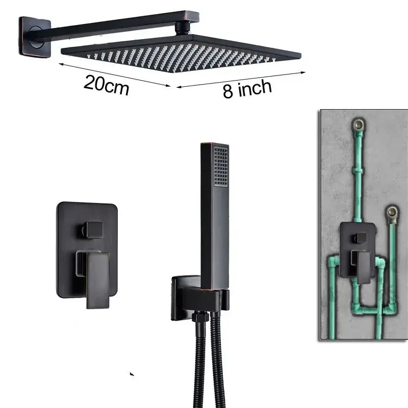 Modern black brass shower faucet with black matte square rainfall head and matching handheld shower by decorbites black brass