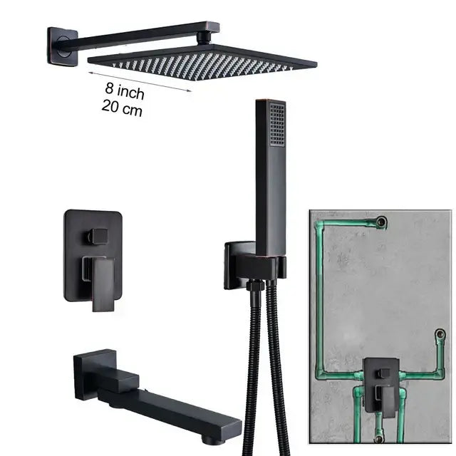 Modern black brass shower faucet with 8 inch black brass shower rainfall head and handheld set by decorbites