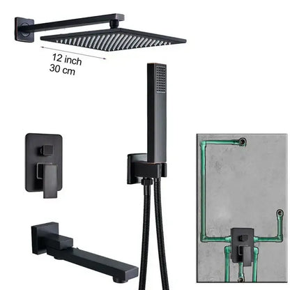 Modern black brass shower faucet with a 12-inch black matte rainfall showerhead for bathroom decorbites black brass design