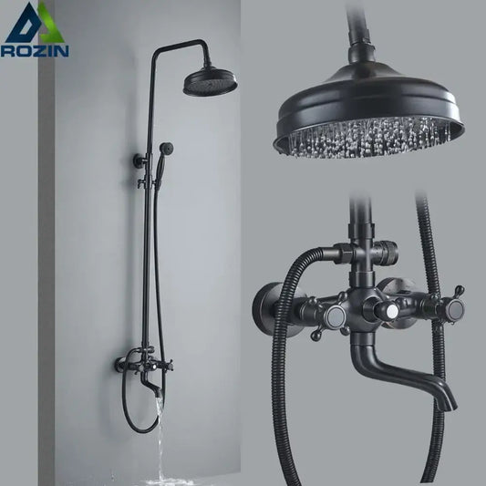 Modern black brass shower mixer faucet set with matte finish features a tall handheld sprayer and overhead rainhead