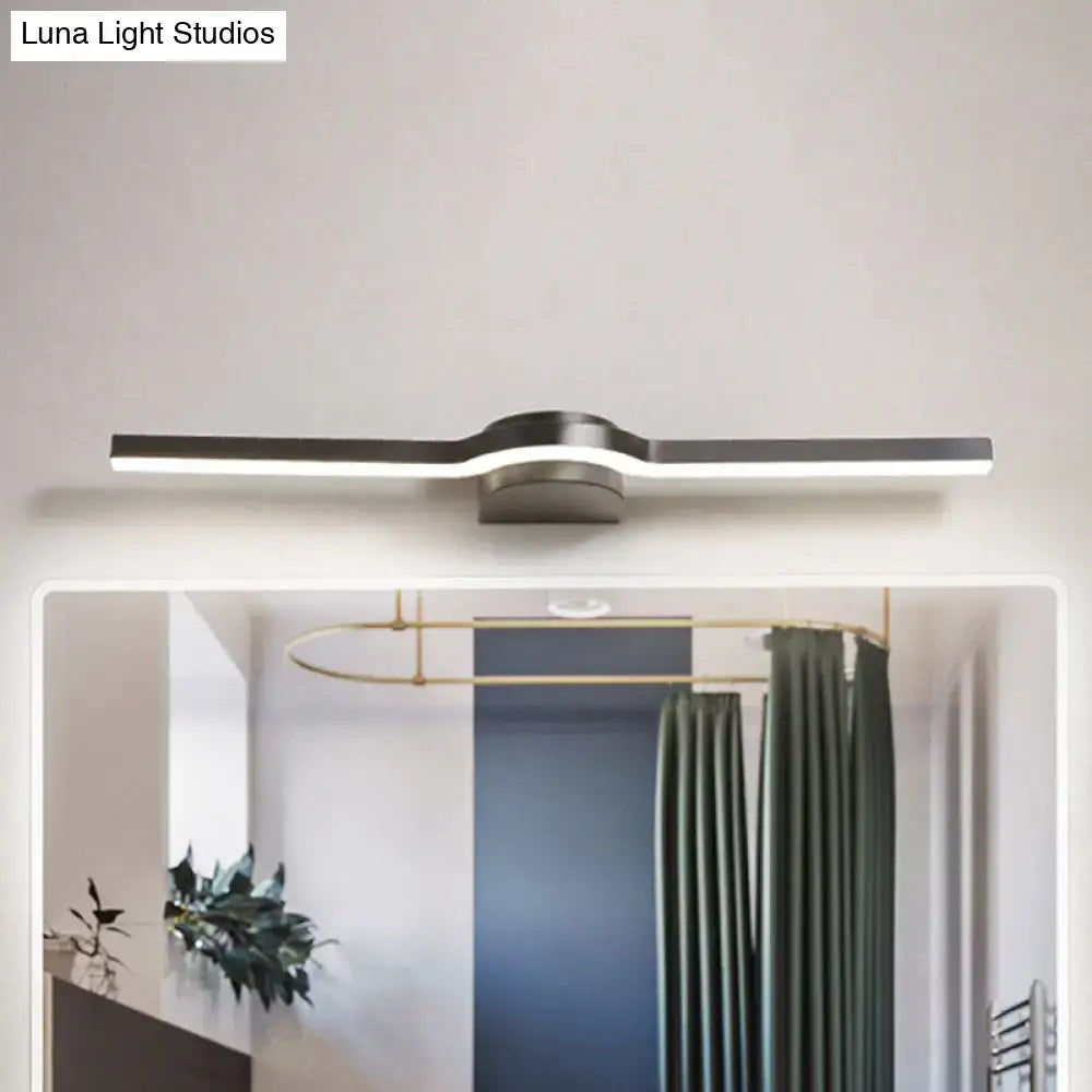 Modern black and brass slim line led vanity light with sleek curved center and white warm light for bathroom use