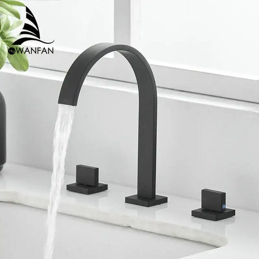 Modern black brass waterfall faucet bathroom double handle tap with black matte finish and three square handles by decorbites black brass