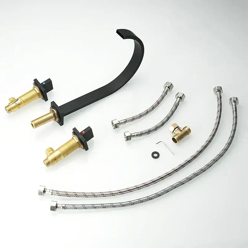 Modern black brass waterfall faucet with black matte finish, brass valve handles, and flexible braided metal hoses for bathroom decorbites black brass design