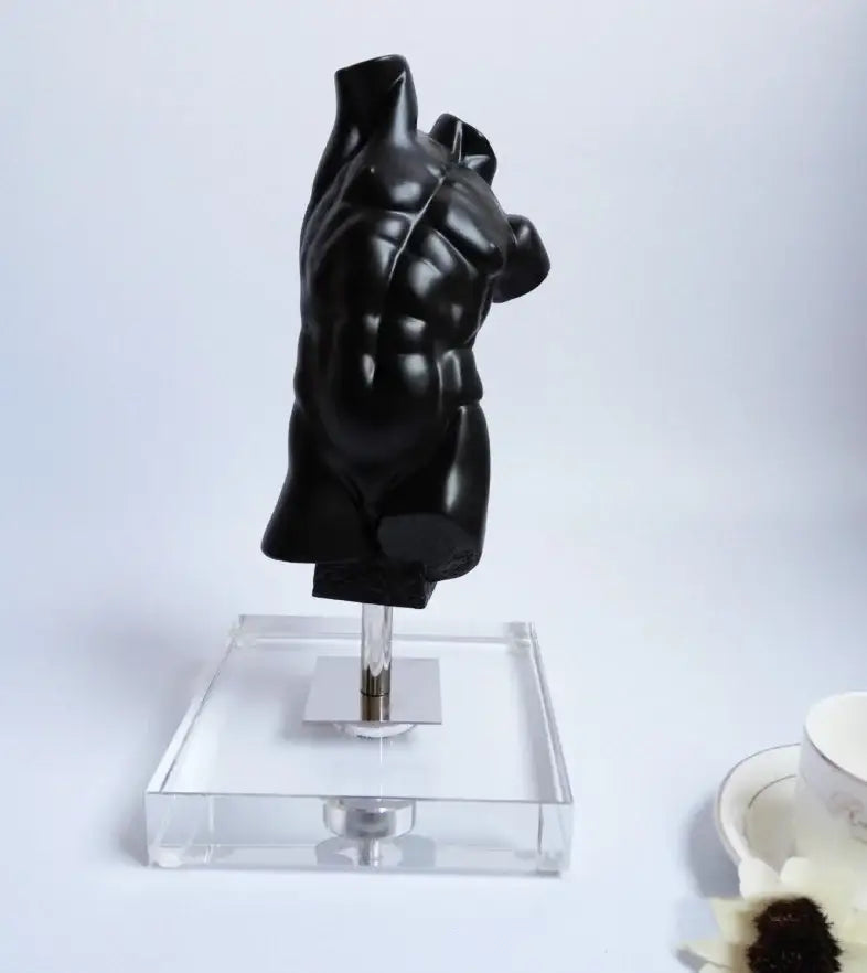 Modern black brokeback male nude resin sculpture of a muscular torso on clear acrylic stand for living room decorbites decor
