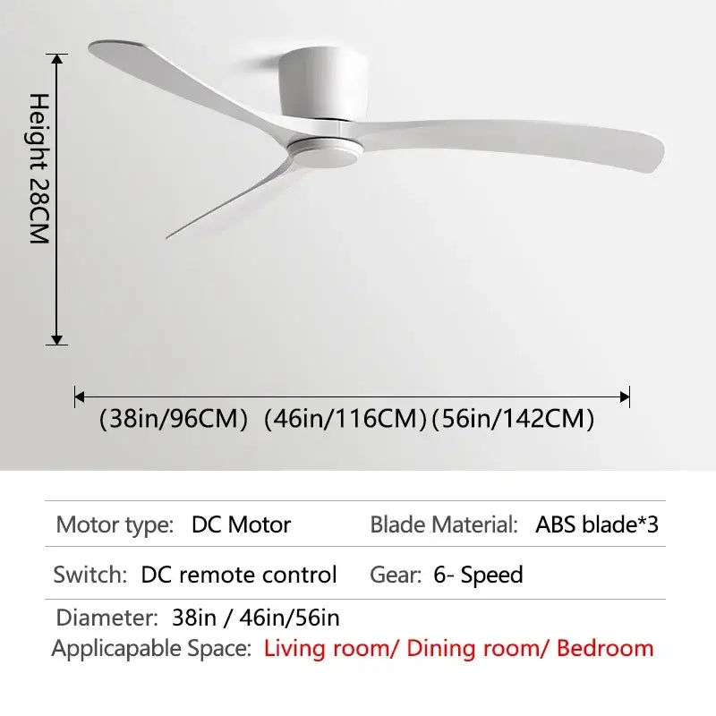 White ceiling fan with three sleek abs plastic blades for decorbites black modern low profile bedroom use with remote