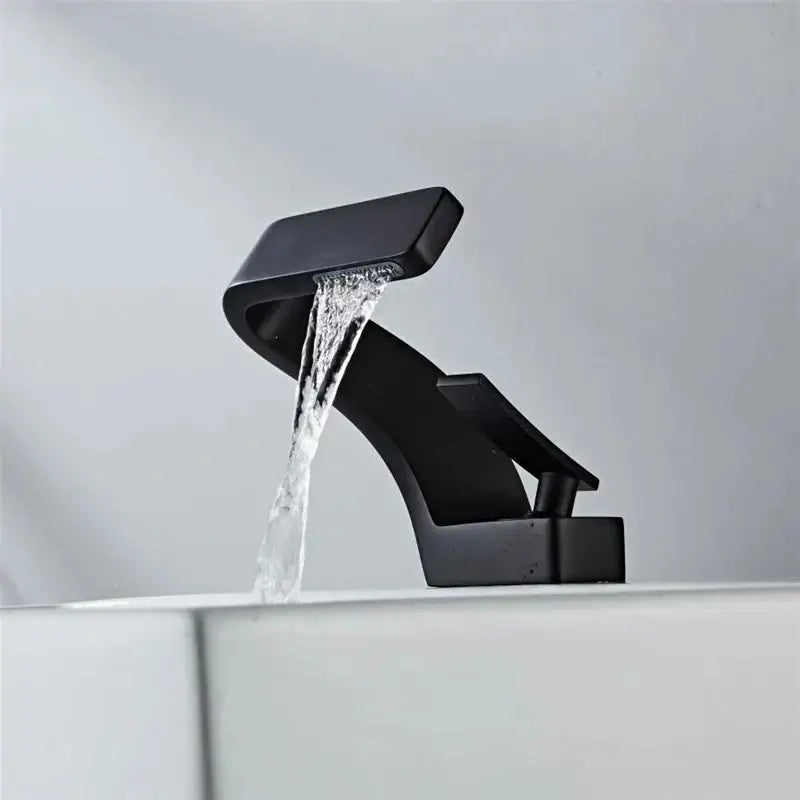 Modern black matte decorbites basin faucet with sleek angular design for bathroom mixer and waterfall basin use