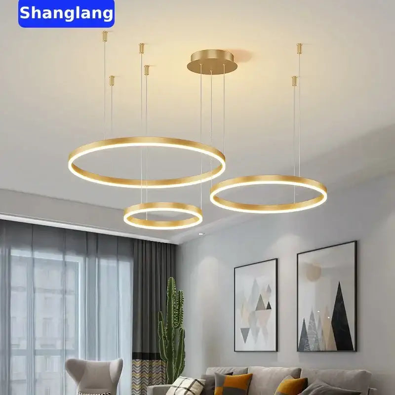 Modern black brushed rings led chandelier with gold-toned circular led pendant lights for living room decorbites brushed rings