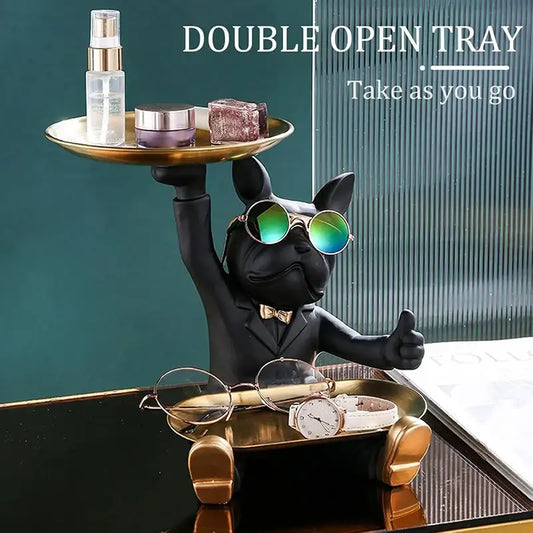 Modern black bulldog tray statue figurine in suit and sunglasses holding gold double open tray for living room decor