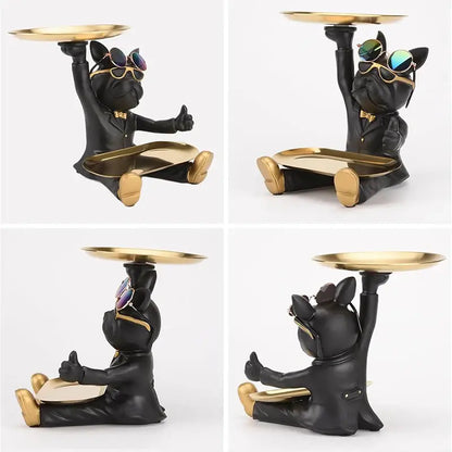 Modern black bulldog tray statue featuring a black french bulldog figurine with sunglasses and gold trays for storage decor