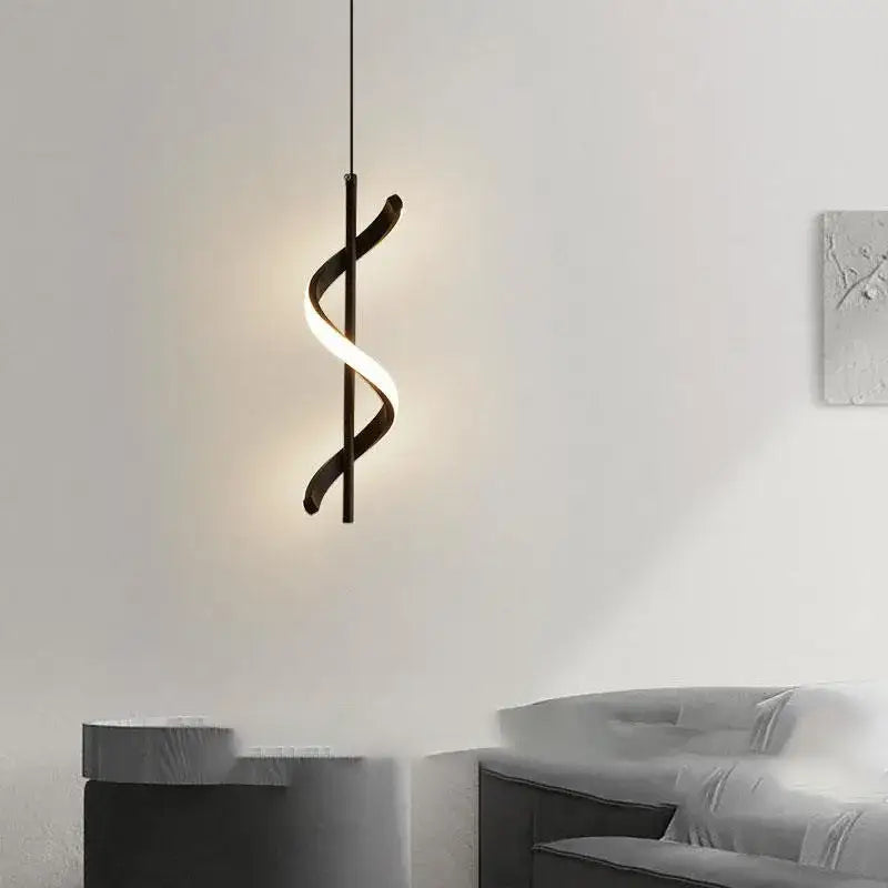 Modern black spiral pendant light with glowing white led strip works beautifully in bedroom lighting for square meters