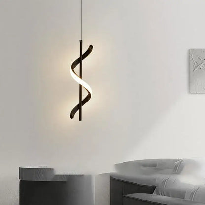 Modern black spiral pendant light with glowing white led strip works beautifully in bedroom lighting for square meters