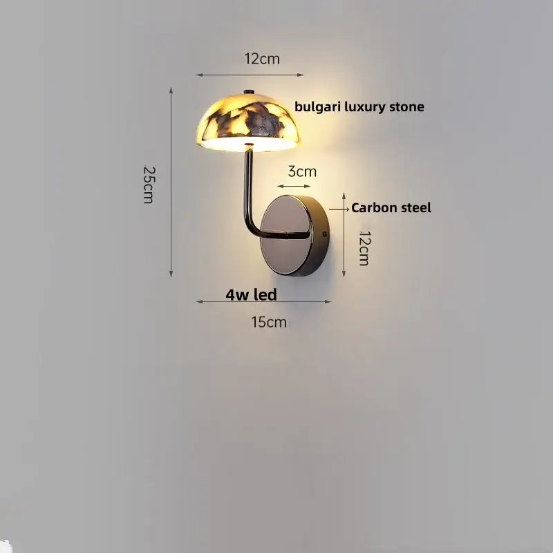 Modern black carbon steel led wall lamp with alabaster bedroom shade featuring decorbites carbon steel base and Bulgari stone