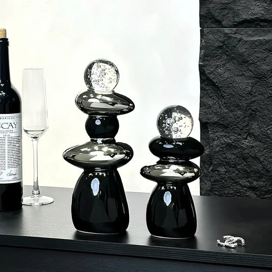 Modern black ceramic decorative crystal ball statue with stacked rounded forms and clear glass orbs for living room decor