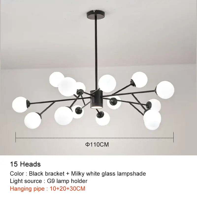 Modern black chandelier by decorbites featuring fifteen milky white frosted glass lampshades for living room decor