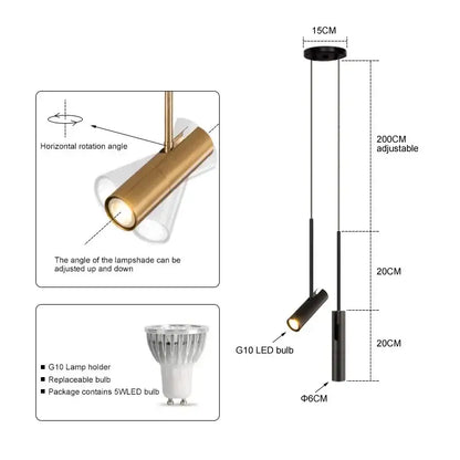 Modern black chandelier pendant light with adjustable sleek cylindrical body and gold-finished lamp head for bedroom decorbites decor