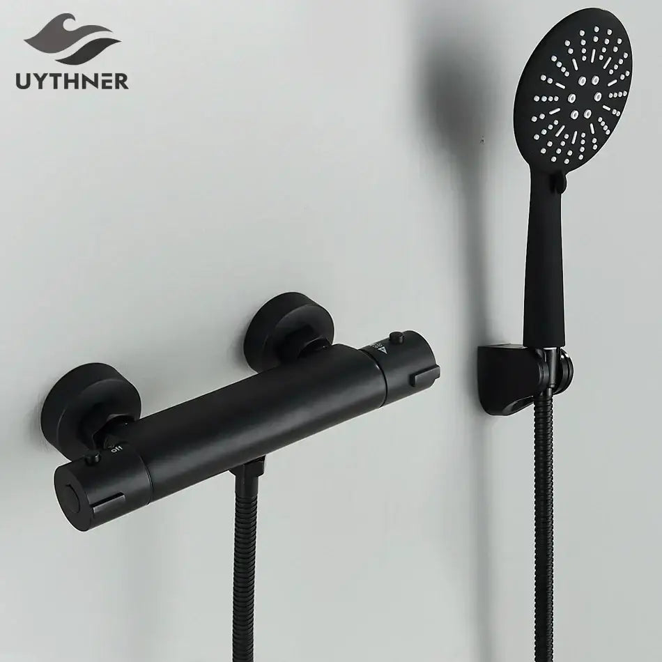 Modern black chrome brass shower set with black matte finish wall mount mixer and handheld showerhead by decorbites