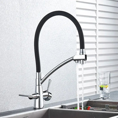 Modern black and chrome decorbites dual spout filter faucet with flexible hose for efficient kitchen use