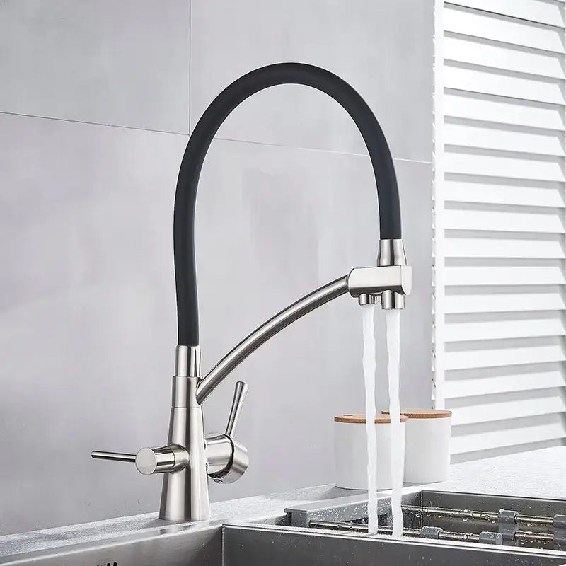 Modern black and chrome dual spout filter faucet with sleek curved hose and dual handles for hot and cold water control by decorbites dual spout