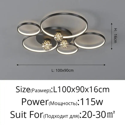 Modern black and chrome decorbites gypsophila chandelier with interconnected rings and crystal spheres for living room lighting