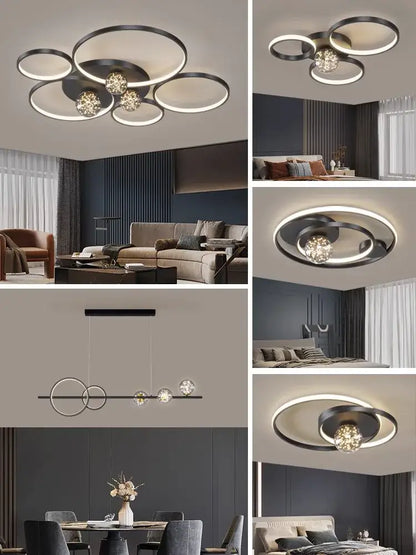 Modern black and chrome gypsophila chandelier with circular led ceiling lights and crystal accents for living room decorbites gypsophila chandelier