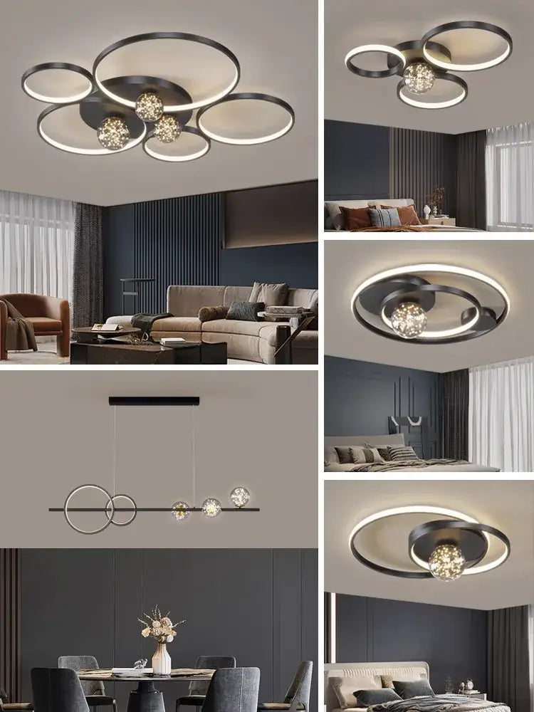 Modern black and chrome gypsophila chandelier with circular led ceiling lights and crystal accents for living room decorbites gypsophila chandelier